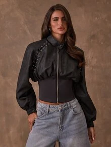 SHEIN BAE جاكيت موتو قصير من جلد PU أسود مغسول بتصميم محبوك مضلع، بياقة واقفة وسحاب وأكمام منفوخة مع تفاصيل حلقة معدنية، إطلالة سهرة ليلية للخريف والشتاء - الأسود - مشاهدة 5