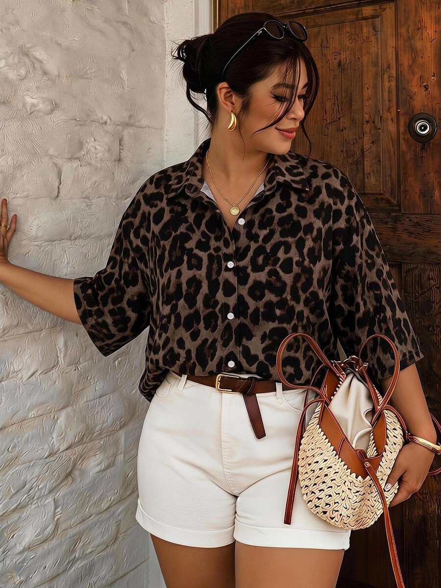 Lounesse Brown Leopard Print Plus Size Shirt Suitable For Office Commute - Multicolor - View 1