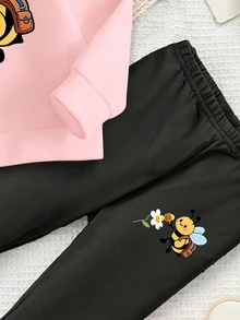 秋冬女嬰創意清新極簡可愛小蜜蜂印花基礎圓領衛衣與內搭褲套裝舒適穿搭 - 彩色 - 查看 5