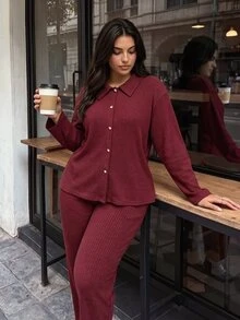 Elaquor Plus Size Ribbed Single-Breasted Long Sleeve Top And Loose Pants 2 Pieces Set - Burgundy - View 6