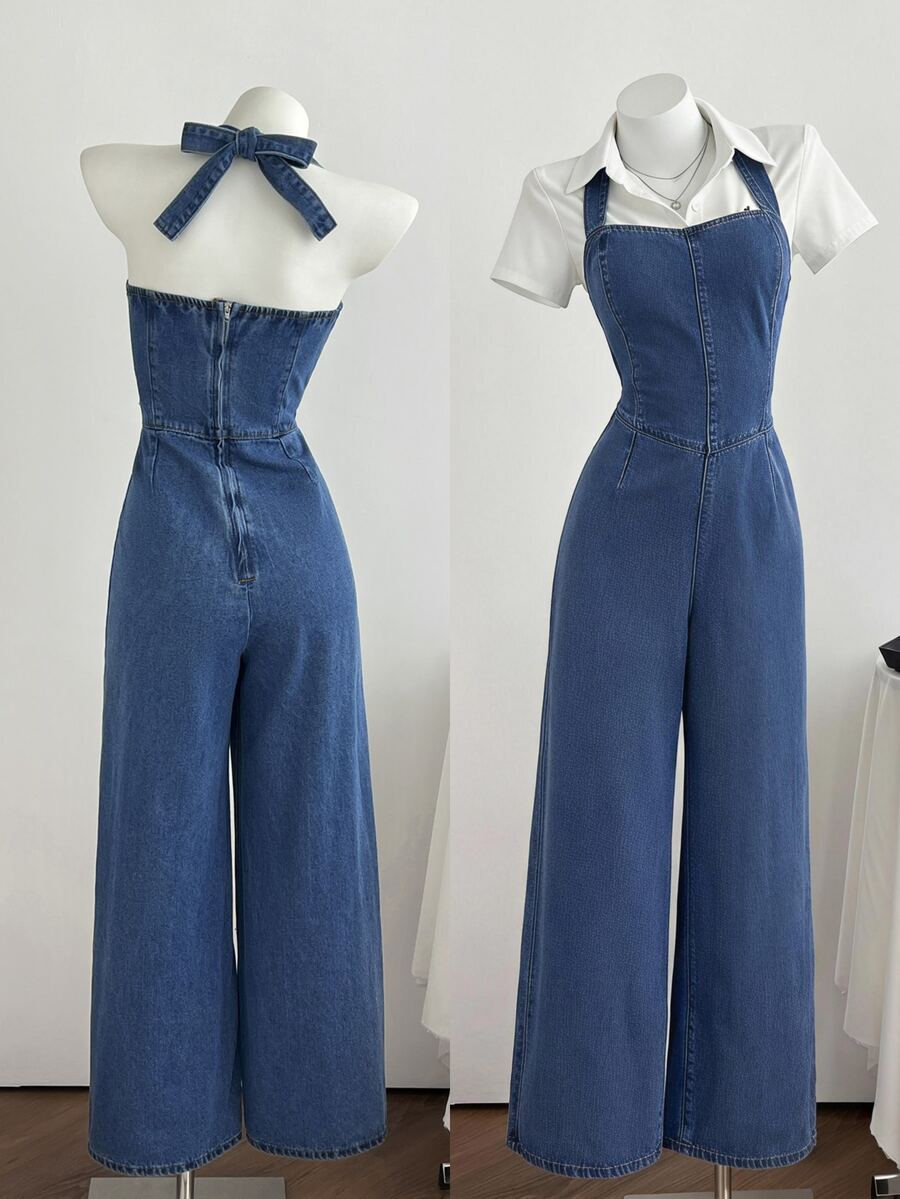 Elamini Festival Standard Size Women's Blue Non-Stretch Halter Neck Denim Jumpsuit - Medium Wash - View 1