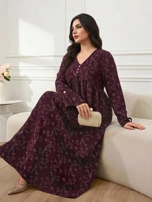 Al Najma Plus Size Women's Arabic Botanical Print Long Sleeve Button Design Dress - Multicolor - View 5