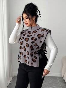 Elenzga 女款秋冬優雅時尚豹紋綁帶無袖寬鬆顯瘦大尺碼針織背心毛衣，外穿上衣 - 淺灰紫 - 查看 6
