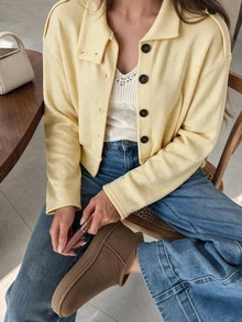 Struktiv Women's Autumn/Winter Single Piece Asymmetric Button High Neck Shoulder Patch Ribbed Knit Cardigan Short Loose Vintage Commute Layering Sweater Jacket - Yellow - View 4