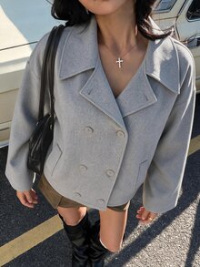 SHEIN Struktiv New Casual Minimalist Lapel Double-Breasted Drop Shoulder Faux Pocket Cropped Wool Jacket For Women's Daily Commute - Grey - View 4