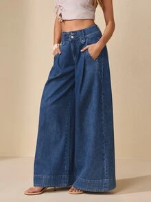 Selenza Women's Loose Wide Waistband 2-Button Straight Leg Wide Leg Vintage Denim Jeans - Dark Wash - View 7