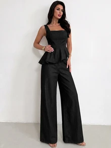Firerie Women's Asymmetric Hem Vest & Long Pants Denim Set - Black - View 4