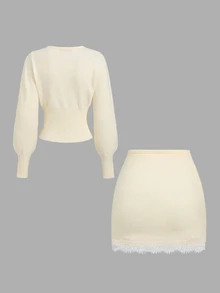 Autumina Women's Solid Color Lantern Sleeve Top And Mini Skirt Knit Set - Beige - View 2
