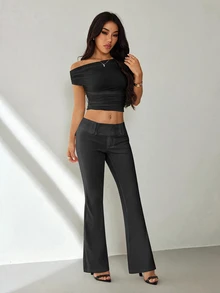 SHEIN PETITE 女款純色休閒百搭日常穿著套裝喇叭褲 - 深灰色 - 查看 6