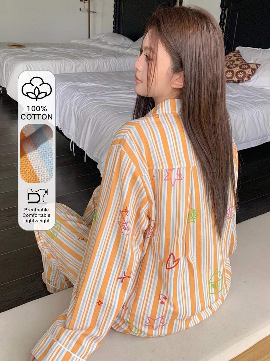 Dazy Plus 時尚可愛卡通印花滿版花卉條紋寬鬆女款大尺碼兩件式居家服套裝 春秋睡衣 - 橘色 - 查看 1
