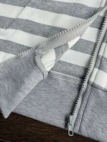 INAWLY European Women's Casual Hooded Grey Striped Knit Cardigan, Spring High Waist Short Jacket, Long Sleeve - Grey - View 6