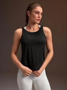 Powerista Women's Summer And Spring Black Color Comfort Fit Sports Back Lace-Up Design Tank Top Breathable Active Wear Casual Sleeveless Running Shirt - Black - View 3