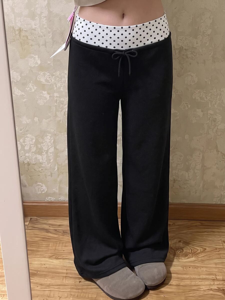 SHEIN Teen Girl Teen Girls Grey Knit Drawstring Casual Long Pants - Black and White - View 1