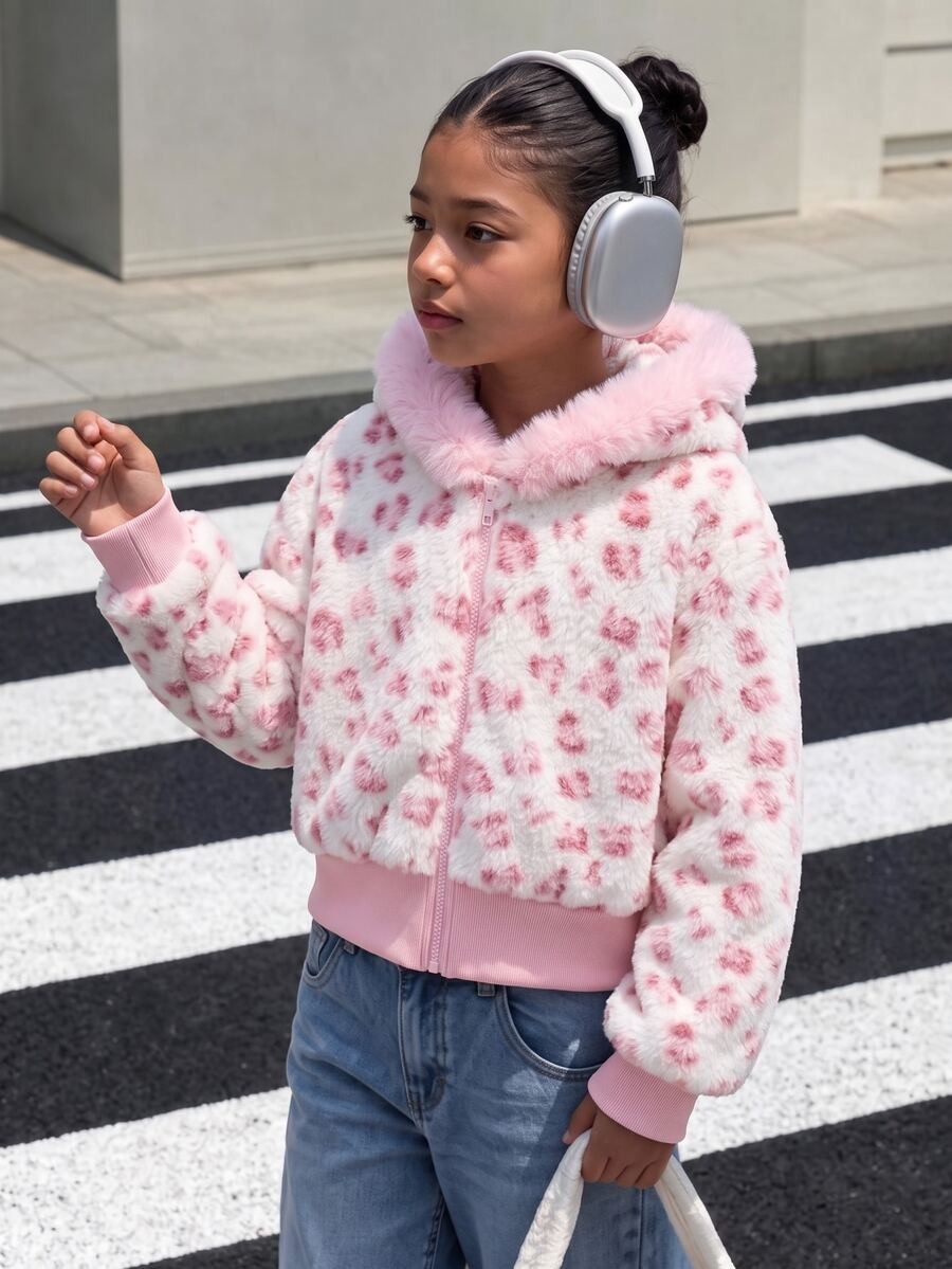 SHEIN Tween女孩甜美印花抓絨內裡連帽人造毛皮夾克 冬季加厚保暖短版毛絨外套 - 粉色 - 查看 1