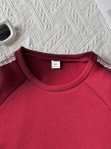 SHEIN Elladie kids 2件組大女孩甜美蕾絲蝴蝶結飾圓領長袖寬腿褲抓絨加厚運動衫褲套裝 秋季風格秋季穿搭 - 酒紅色 - 查看 7