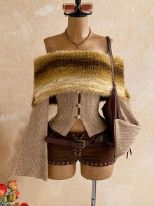 Soleia Suéter de moda retro con degradado, patchwork, hombros descubiertos y mangas acampanadas - Albaricoque - Ver 1