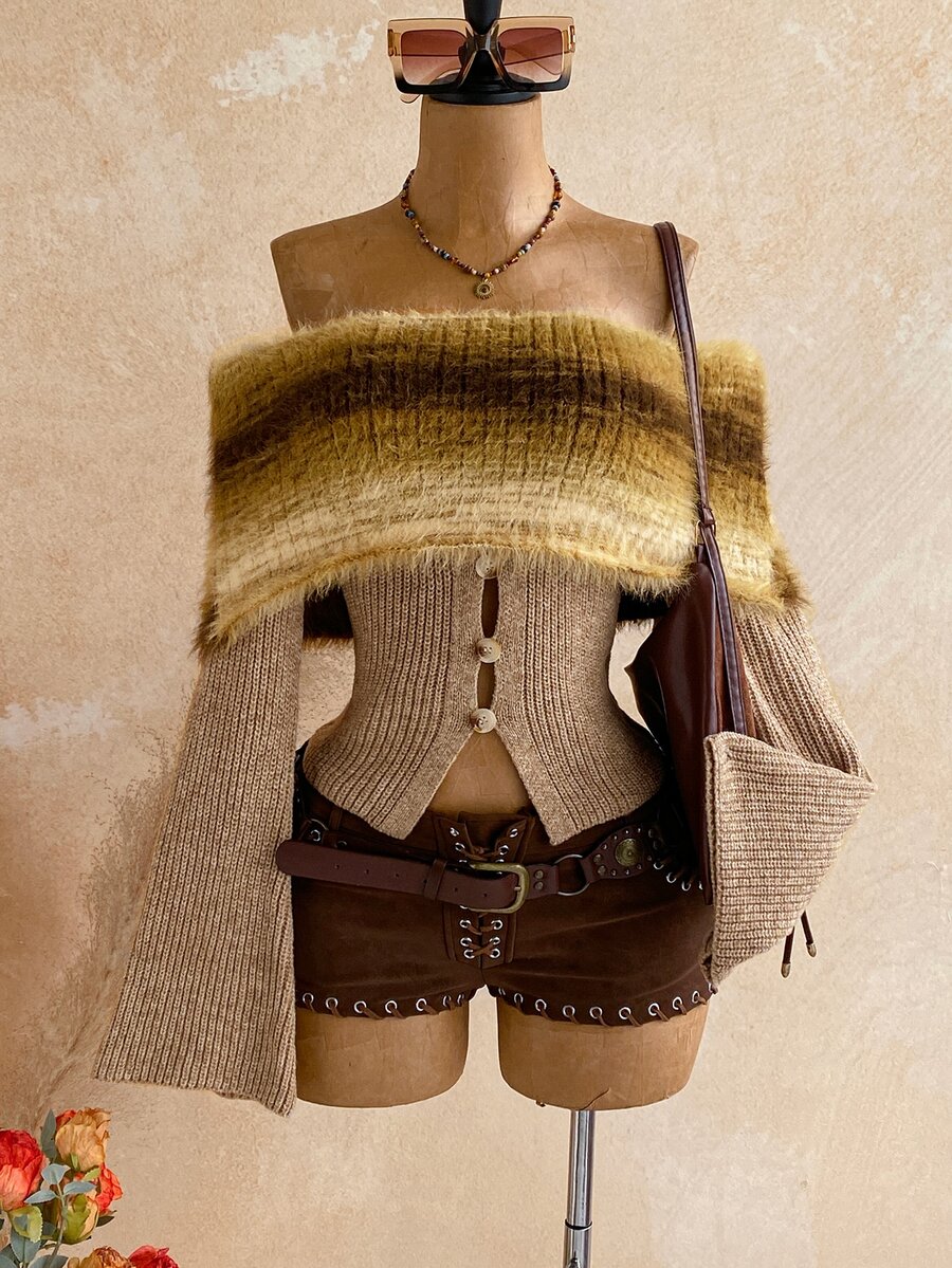 Soleia Suéter de moda retro con degradado, patchwork, hombros descubiertos y mangas acampanadas - Albaricoque - Ver 1