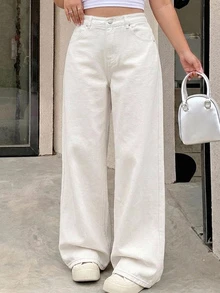 Dazy Plus Quần jean denim trắng toàn bộ ống đứng dáng rộng thoải mái mới cho mùa xuân/thu, phong cách thường ngày, phù hợp đi du lịch và làm khách mời đám cưới - trắng - Xem 3