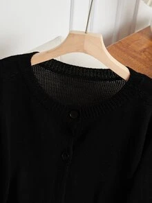GlowEve CURVE 1pc Women's Plus Size Round Neck Fitted Elegant Long Sleeve Asymmetrical Hem Contrast Lace Knit Cardigan, Suitable For Daily Commute And Date, Spring And Autumn - Black - View 4