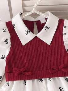 SHEIN 2件組少女學院風蝴蝶結印花蝴蝶結飾邊假兩件式翻領長袖羅紋針織褲裝套裝，聖誕家庭聚會度假拍照穿搭 - 酒紅色 - 查看 8