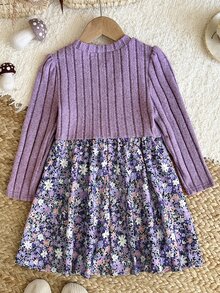 LMoss Kids 女童針織圓領長袖拼接花卉下擺休閒洋裝 - 彩色 - 查看 2