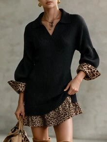 SHEIN 秋冬新款法式復古豹紋拼接針織洋裝女款，V領燈籠袖修身毛衣洋裝 - 黑色 - 查看 6