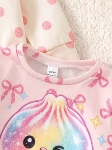 2Pcs Baby Girls Cute Bun, Rainbow Dumpling & Pearl Milk Tea Pattern Sweatshirt, Colorful Bow Print Crew Neck Pullover - Multicolor - View 3