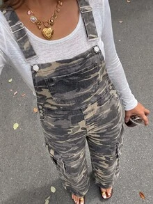 SHEIN Teen Girls Camouflage Denim Loose Overalls - Army Green - View 1