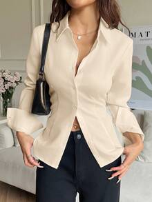 SHEIN EZwear 100%純棉杏色女款休閒百搭前扣式後收腰修身長袖襯衫，適合秋冬穿著 - 杏色 - 查看 2