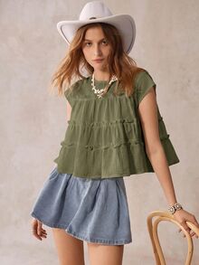 Wildy Gaya BOHO Cottagecore Kasual Gaya Pedesaan Amerika Longgar Hijau Sage Lengan Pendek Musim Panas Piknik Brunch - Hijau Tentara - View 6