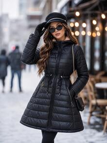 Editum Women's Winter Fashion Drawstring Waist Hooded Jacket - Black - View 3