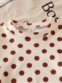 SHEIN Playful Pals 2件組女童幼兒極簡時尚棕色波點杏色底數位印花運動衫與棕色長褲套裝 - 杏色 - 查看 10