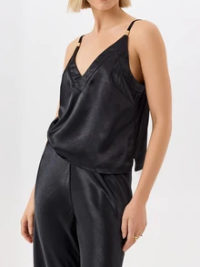 KÆRIA Hus V Neck Cami Top With Sculptural Hardware - Liquid Satin - Black - Matching Set, Travel Outfit, Satin, Summer, Fall, Chic, Elegant, Luxury - Black - View 7