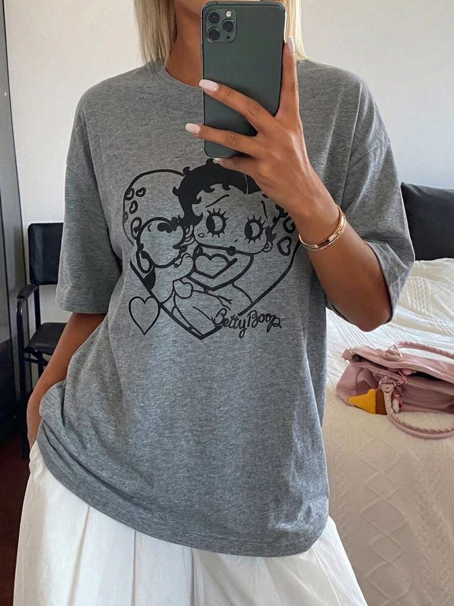 DAZY 女款卡通印花休閒短袖T恤,適合日常穿著 - 灰色 - 查看 1
