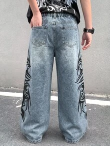 SHEIN 兒童青少年男孩休閒水洗寬腿牛仔褲 - 深色水洗藍 - 查看 2
