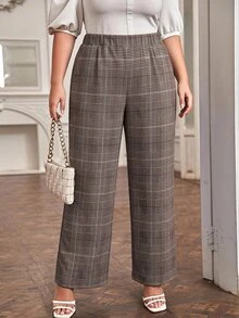 SHEIN LUNE Plus Size Women's Plaid Casual Versatile Daily Wear Long Pants - Brown - View 6
