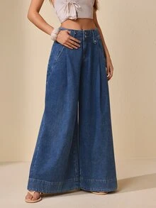 Selenza Women's Loose Wide Waistband 2-Button Straight Leg Wide Leg Vintage Denim Jeans - Dark Wash - View 6