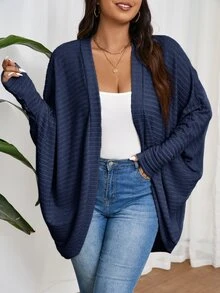 SHEIN Frenchy 大尺碼休閒寬鬆羅紋刷毛針織開襟外套 - 藍色 - 查看 5