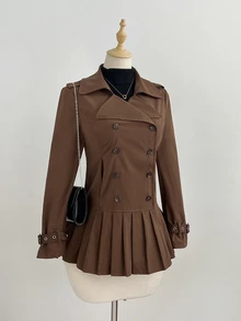 Elamini Women's Coffee Brown Double-Breasted Pleated Hem Trench Coat - Coffee Brown - View 6