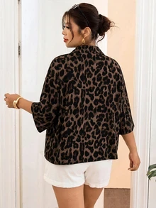 Lounesse Brown Leopard Print Plus Size Shirt Suitable For Office Commute - Multicolor - View 2