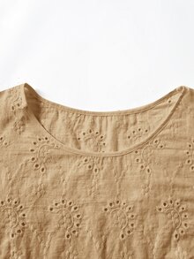 Rusticease Plus Size Vacation Casual Solid Color Hollow Embroidery Shirt - Khaki - View 3