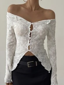 DAZY Women's Square Neck Lace Top Sexy Casual T-Shirt Fall - White - View 1