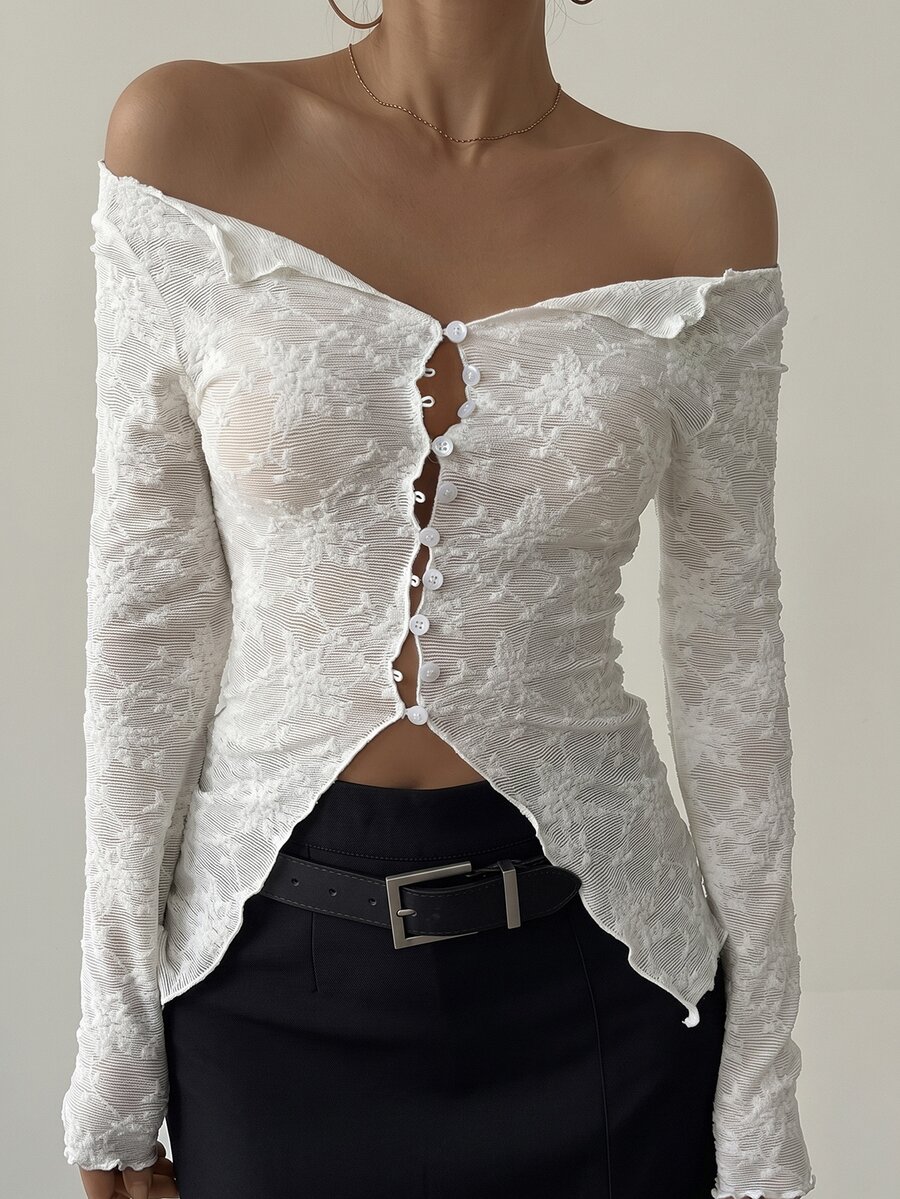 DAZY Women's Square Neck Lace Top Sexy Casual T-Shirt Fall - White - View 1