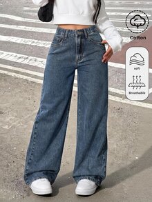 SHEIN 女童秋冬深藍色牛仔刷毛內裡寬鬆長褲 - 中等水洗藍 - 查看 7