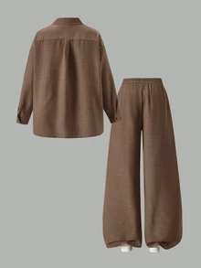 SHEIN 青少年女孩秋季新款咖啡棕休閒極簡寬鬆長袖襯衫與長褲套裝 - 棕色 - 查看 10