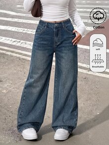 Coolane Kids 女童復古深藍色牛仔寬鬆長褲 - 藍色 - 查看 1