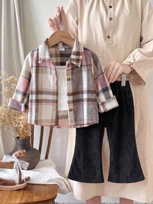 SHEIN 3件組幼女格紋襯衫背心＋喇叭褲，學院風粉色棕色黑色燈芯絨鈕扣長袖，開學季秋季假期優雅彈性套裝 - 彩色 - 查看 5