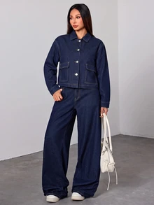 SHEIN 青少年女孩深藍色牛仔寬鬆短版長袖夾克 2026 秋冬款 可愛 Y2K 百搭 萬聖節 新年 - 藍色 - 查看 4