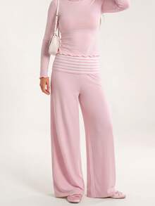Avantive Women's Sweet Frill Trim Top And Striped Colorblock Pants 2 Pieces Set - Pink - View 6
