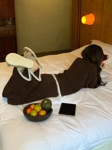 DAZY Happy Puppy Pattern Contrast Color Loose Knit 2-Piece Pajama Set For Women, Autumn/Winter - Coffee Brown - View 2